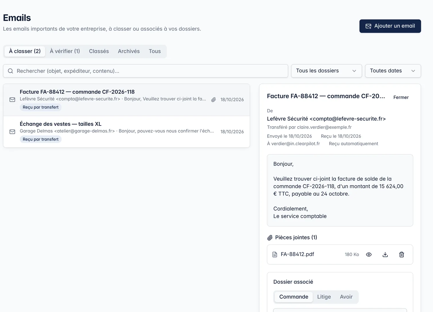 Email de facture fournisseur reçu par transfert, avec sa pièce jointe PDF et le choix de la commande à associer.