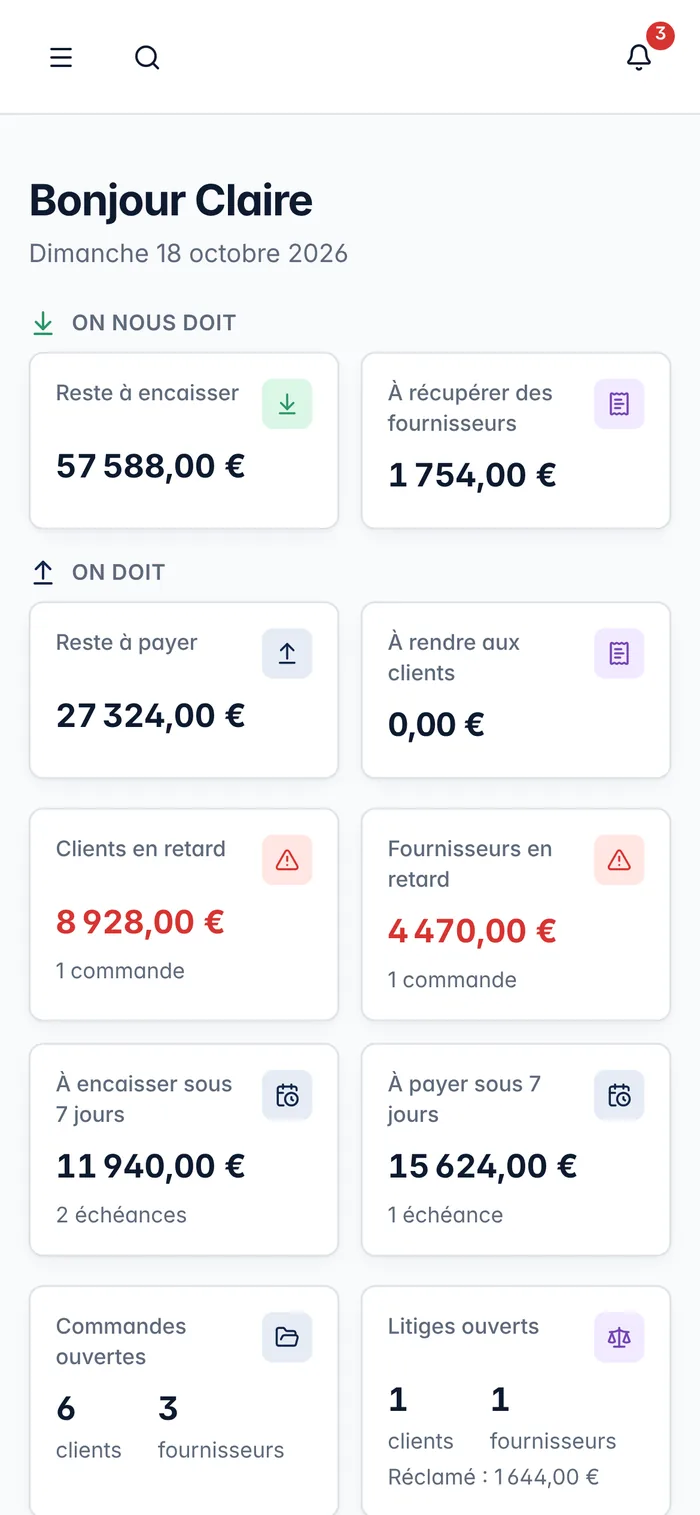 Tableau de bord ClearPilot sur téléphone : sommes à encaisser, à payer et retards.