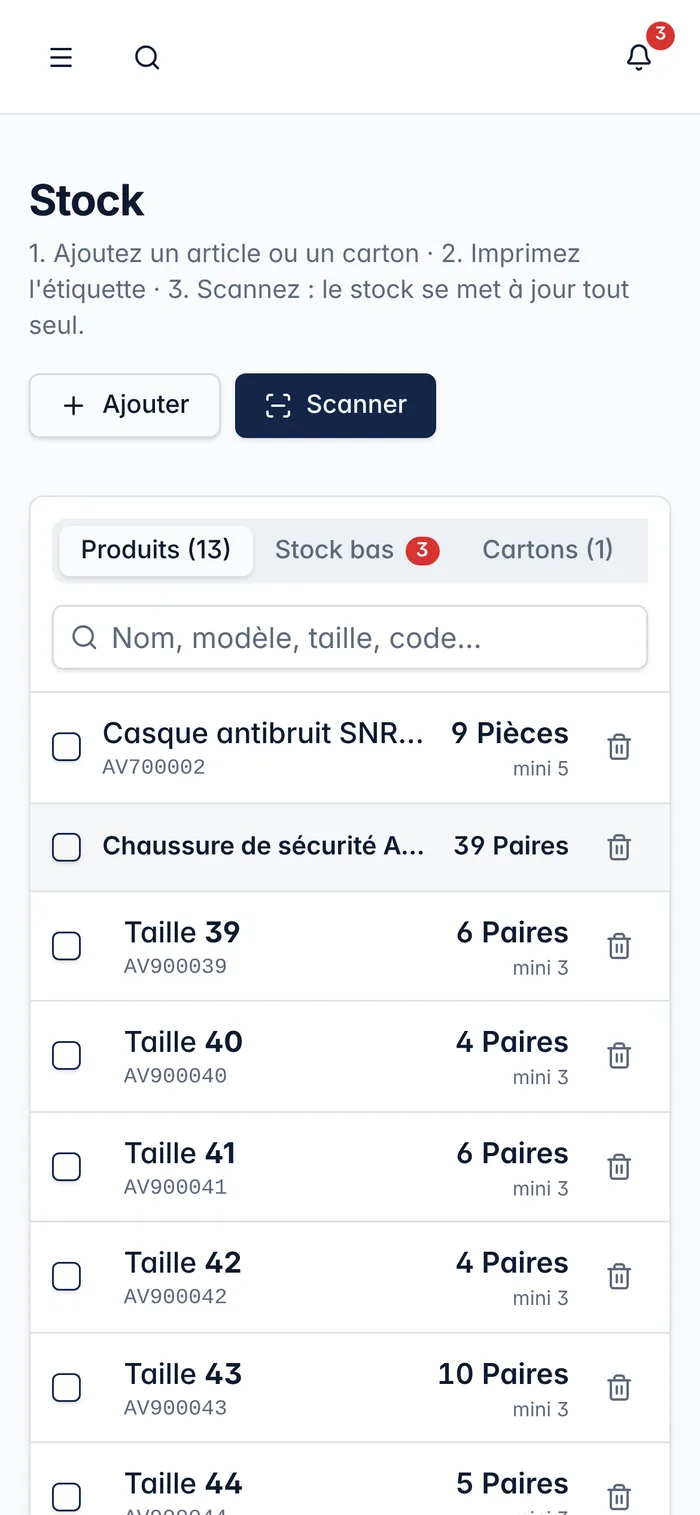 Le stock affiché sur téléphone.