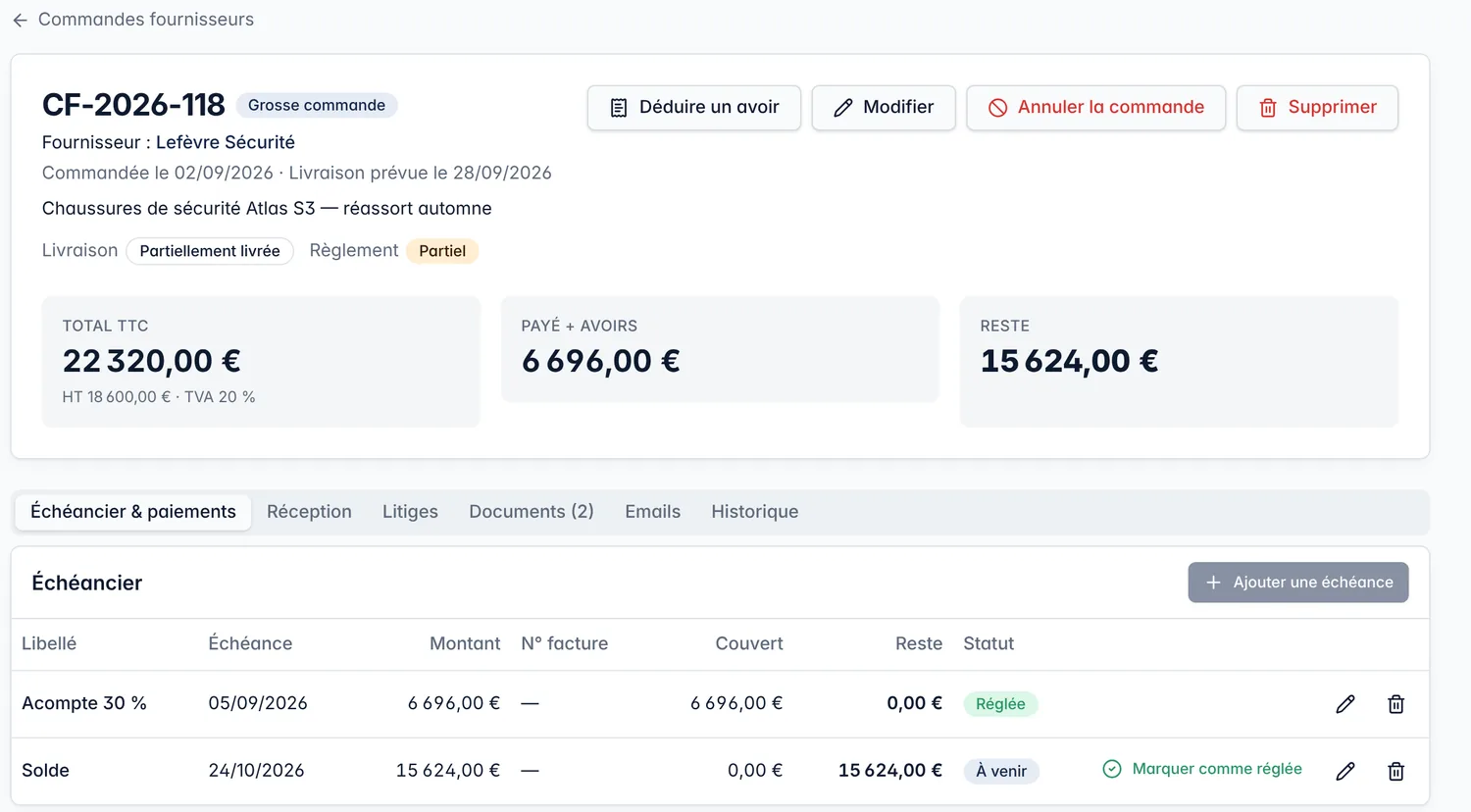 Fiche d'une commande fournisseur : total 22 320 €, acompte de 6 696 € réglé, solde de 15 624 € à venir.